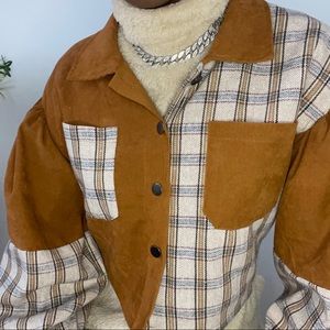 Tartan Panel Corduroy Crop Shacket 